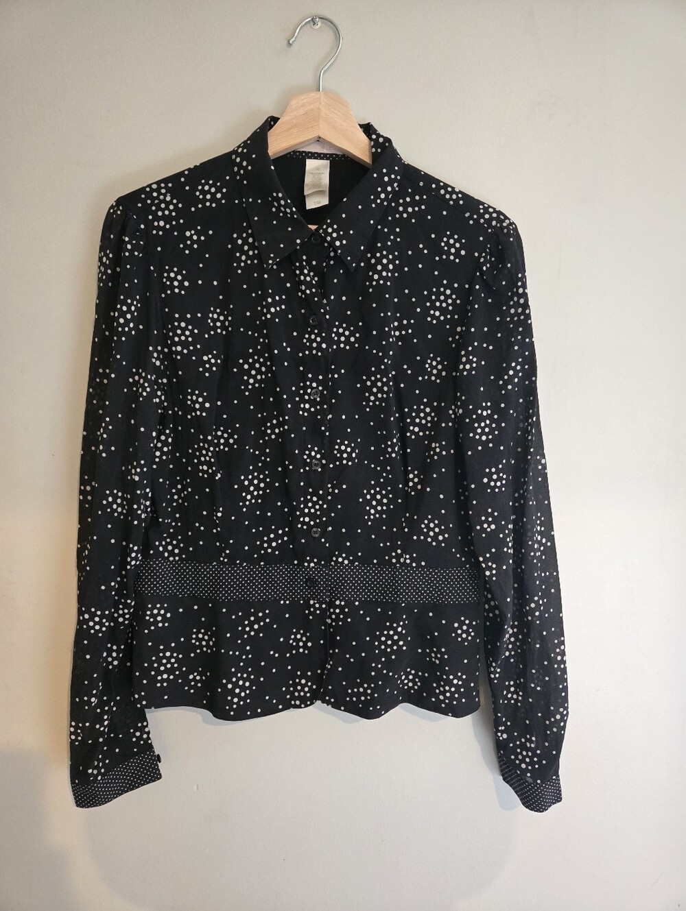 Vintage LIZ Claiborne Silk Blend Polka Dot  Blouse 10 Black Semi Sheer Coquette